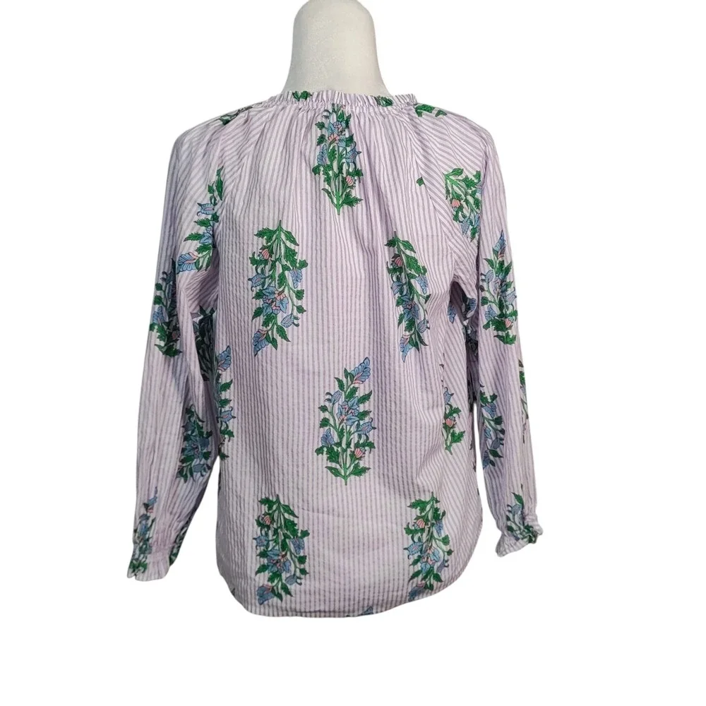J.‎ Crew Striped Floral V-Neck Ruffle Blouse Purple White Coastal Boho Size S